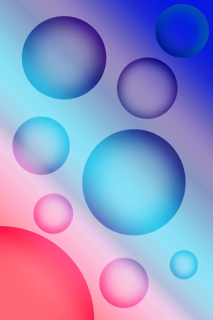 Foto ilustración de esferas de diferentes tamaños de color azul gradiente y coral 3d que simbolizan el sistema solar