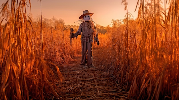 Una ilustración de un espantapájaros bañándose en la luz espeluznante de una hoguera de Halloween proyectando largas sombras en la hierba alta de un campo IA generativa