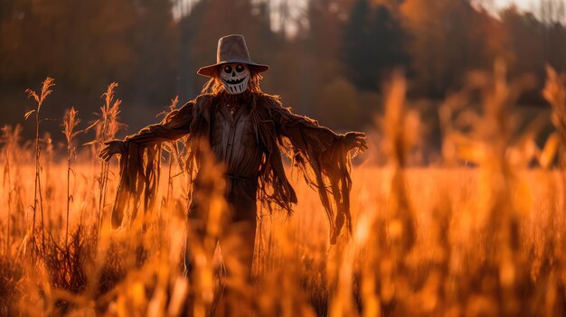 Foto una ilustración de un espantapájaros bañándose en la luz espeluznante de una hoguera de halloween proyectando largas sombras en la hierba alta de un campo ia generativa