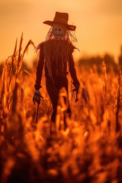 Una ilustración de un espantapájaros bañándose en la luz espeluznante de una hoguera de Halloween proyectando largas sombras en la hierba alta de un campo IA generativa