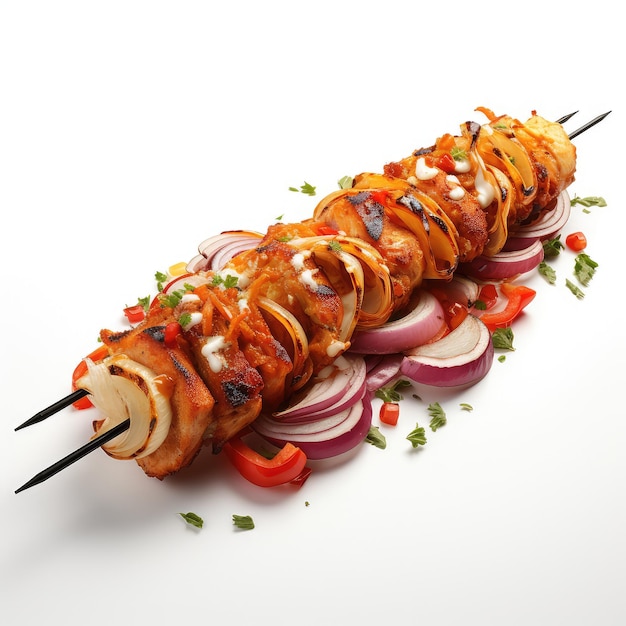 Ilustración con especias kebab delicioso con cebolla y pimentón en un entorno blanco