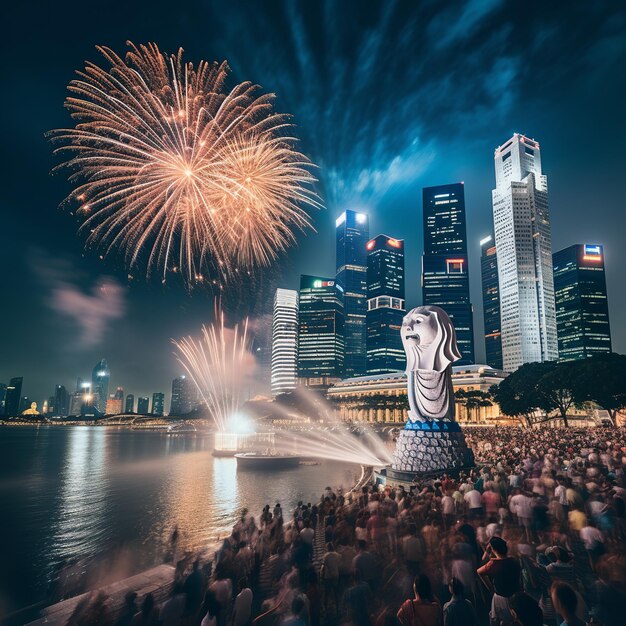 Foto ilustración del espectáculo de fuegos artificiales del horizonte de la ciudad de singapur cmerlion