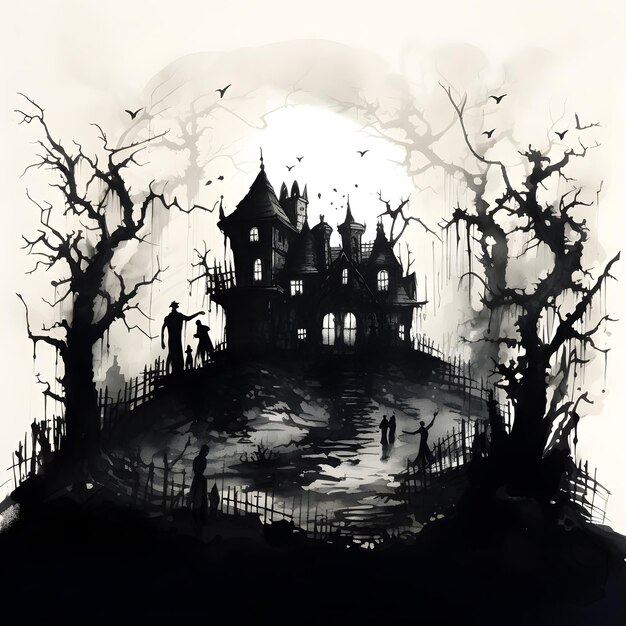 Foto ilustración espeluznante de halloween mansión embrujada en una colina
