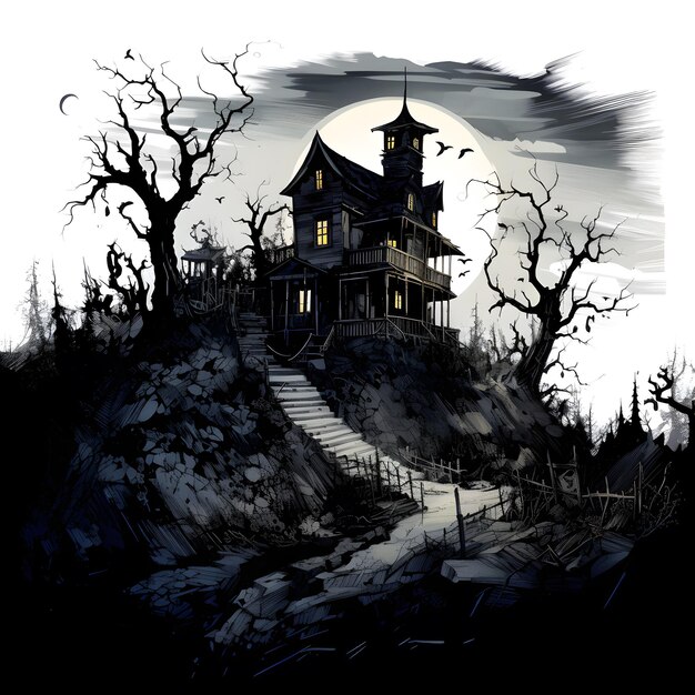 Foto ilustración espeluznante de halloween mansión embrujada en una colina