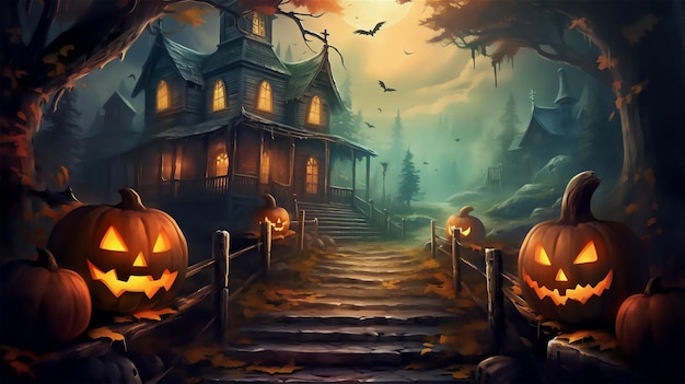 Ilustración espeluznante del tema de Halloween con una casa embrujada y calabazas
