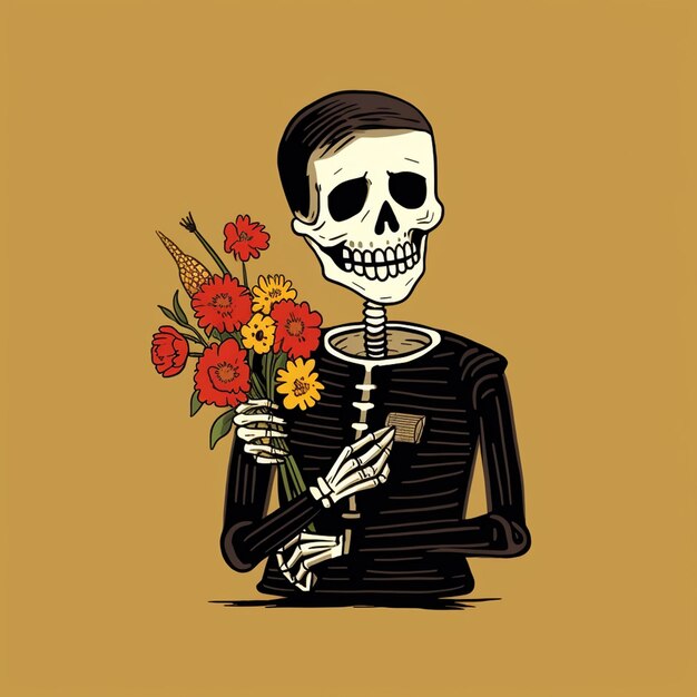 Foto una ilustración de un esqueleto con una cara dulce sosteniendo un diseño de camiseta de moda de flor