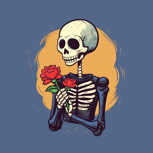Una ilustración de un esqueleto con una cara dulce sosteniendo un diseño de camiseta de moda de flor
