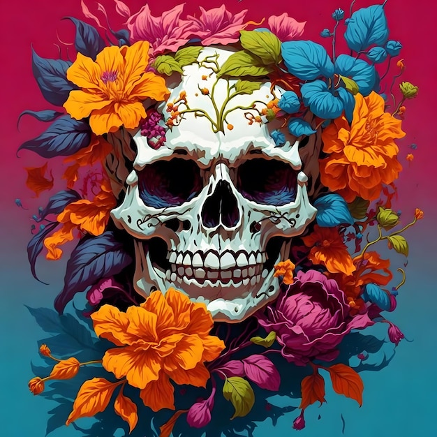 Ilustración esqueleto cubierto de flores de color brillante generado por ai