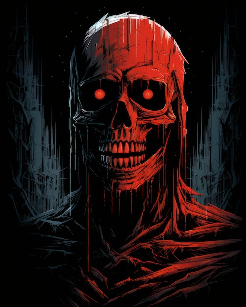 una ilustración de un esqueleto con ojos rojos