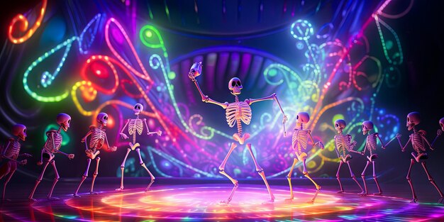 Ilustración de esqueletos que bailan en la fiesta disco de Halloween.