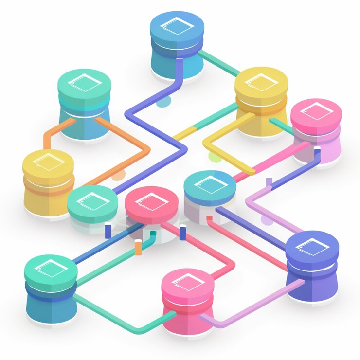 Foto ilustración de un esquema de base de datos con relaciones de tablas y claves