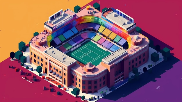 Una ilustración de un estadio con un arcoíris de colores.