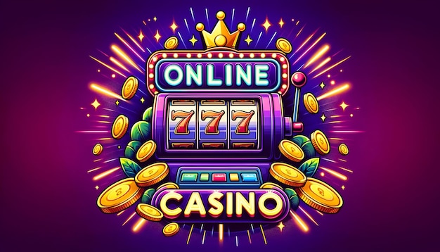 Ilustración de un estandarte de casino en línea con una máquina tragamonedas y el número 777