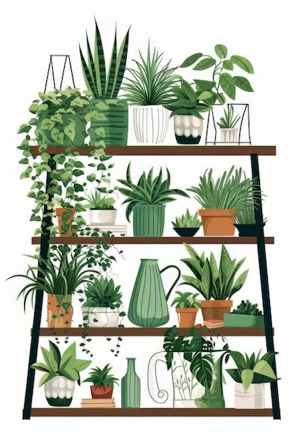Ilustración de un estante con diferentes plantas de interior sobre un fondo blanco.