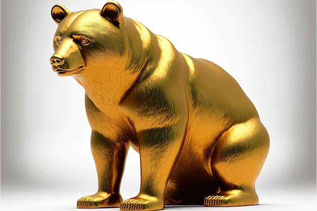 Ilustración de estatua de oso realizada en oro macizo, mercado financiero, fondo blanco. IA generativa