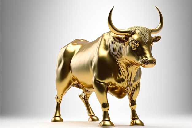 Ilustración de estatua de toro realizada en oro macizo, mercado financiero, fondo blanco. IA generativa