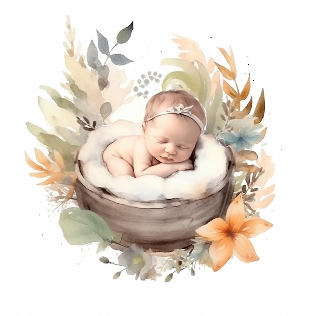 Ilustración estética en acuarela del bebé en la corona