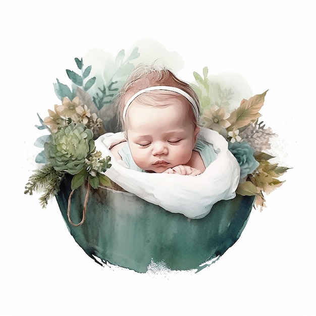 Ilustración estética en acuarela del bebé en la corona