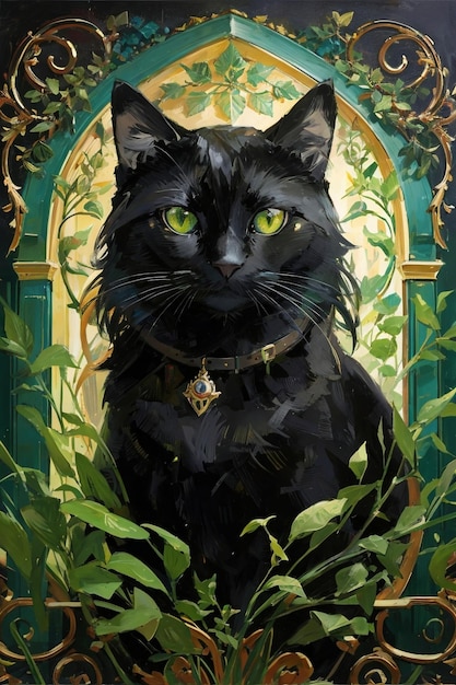 ilustración estética del gato negro del marco verde