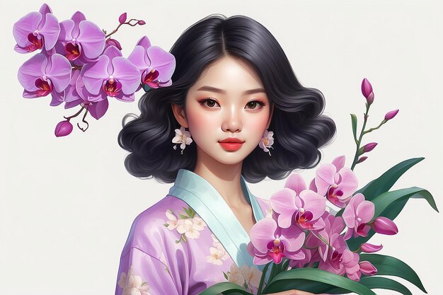 Ilustración estética de una mujer asiática sosteniendo un ramo de orquídeas IA generativa