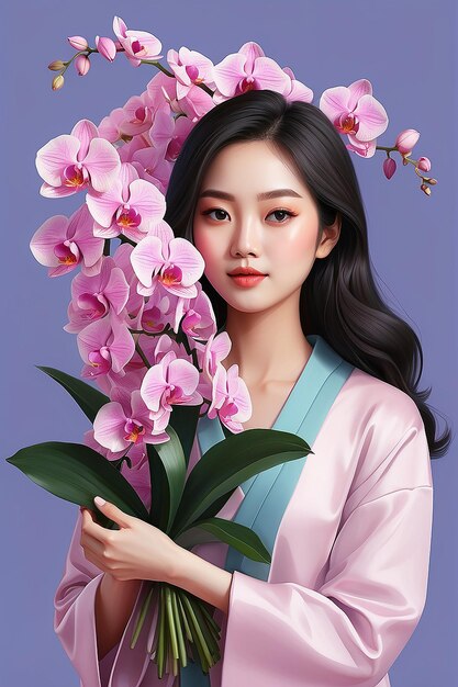 Ilustración estética de una mujer asiática sosteniendo un ramo de orquídeas IA generativa