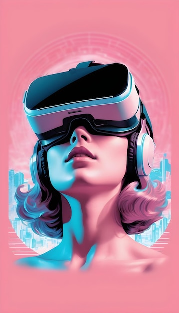 Ilustración estética vintage de una dama en una realidad virtual ambientada en luces de neón de onda de vapor