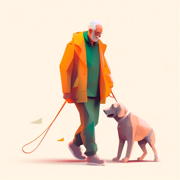 Ilustración estilizada en 3D de dibujos animados de un anciano caminando con un perro guía generado por IA