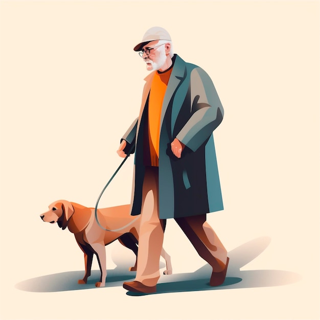 Ilustración estilizada en 3D de dibujos animados de un anciano caminando con un perro guía generado por IA