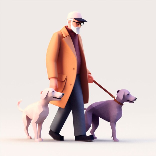 Ilustración estilizada en 3D de dibujos animados de un anciano caminando con un perro guía generado por IA