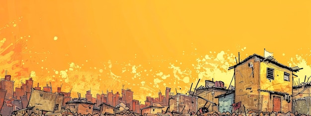Ilustración estilizada de un bullicioso barrio pobre urbano en la hora dorada