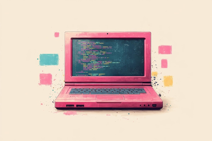 Foto una ilustración estilizada de una computadora portátil rodeada de símbolos de codificación flotantes aislados en un fondo crema pastel