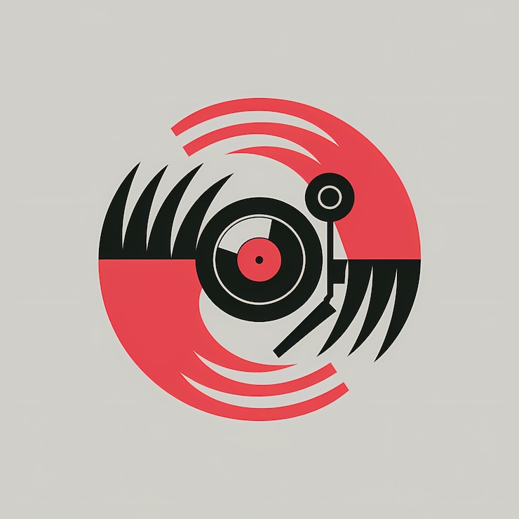 Foto ilustración estilizada de un disco de vinilo con un brazo de tono y ondas rojas