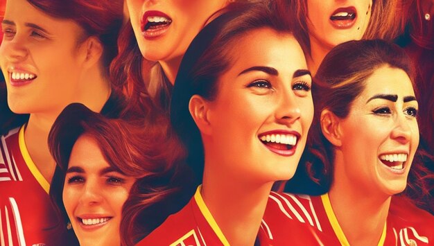 Una ilustración estilizada del equipo de fútbol femenino español sus rostros llenos de orgullo y alegría