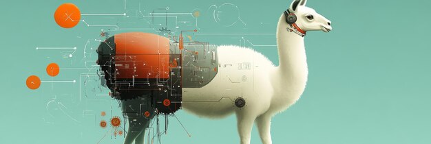 Una ilustración estilizada de una llama con auriculares parcialmente fusionada con una tecnología abstracta