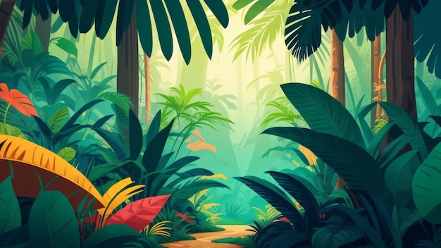 Foto ilustración estilizada plana de la escena de la naturaleza del bosque de fondo de la selva