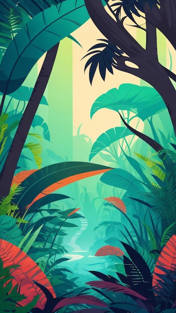 Foto ilustración estilizada plana de la escena de la naturaleza del bosque de fondo de la selva