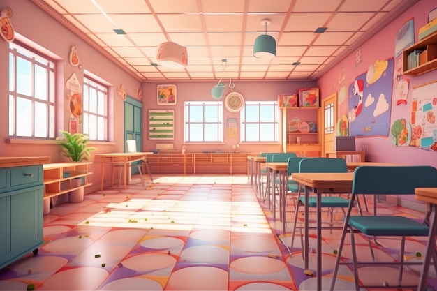 Ilustración de estilo 3D de dibujos animados en el aula del interior de la escuela