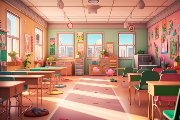 Ilustración de estilo 3D de dibujos animados del interior de la escuela