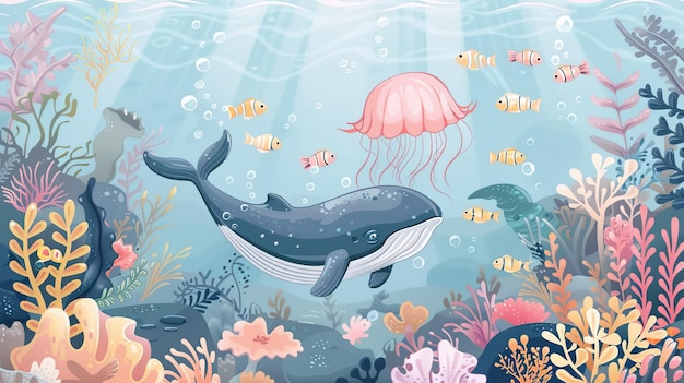 Ilustración de estilo acuarela fondo paisaje océano donde las ballenas pingüinos peces y delfines son