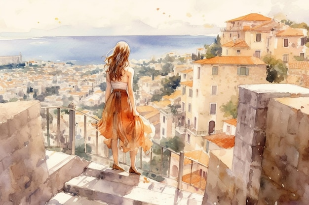 Ilustración en un estilo de acuarela Hermosa chica con vestido y sombrero mirando hacia la hermosa ciudad costera desde la plataforma de observación Vista desde atrás Viajar y relajarse IA generativa