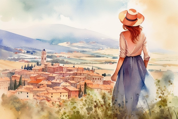 Ilustración en un estilo de acuarela Hermosa chica con vestido y sombrero mirando hacia el hermoso paisaje del pueblo desde la colina Vista desde atrás Viajar y relajarse IA generativa