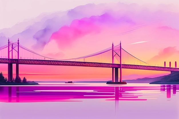 Ilustración de estilo acuarela puente largo que cruza el río esquema de color púrpura y rosa