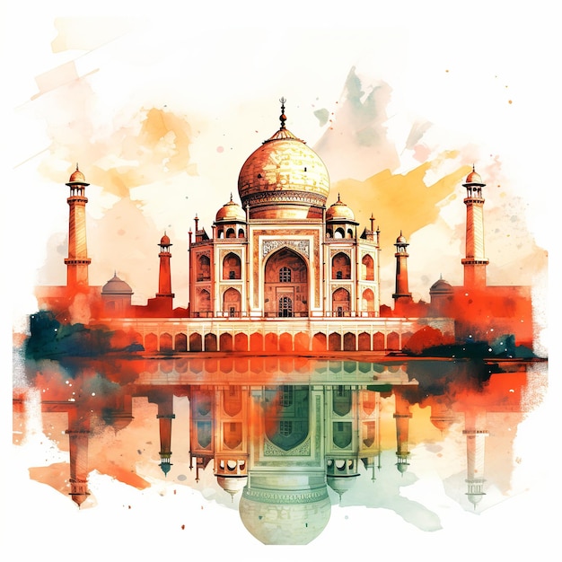 Ilustración del estilo acuarela Taj Mahal de color naranja y verde.