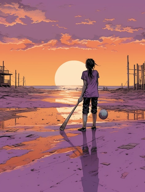 Ilustración de estilo anime de una chica sosteniendo un bate de béisbol y una pelota en una playa generativa ai