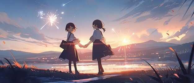 Ilustración de estilo anime de dos chicas tomadas de la mano y mirando fuegos artificiales