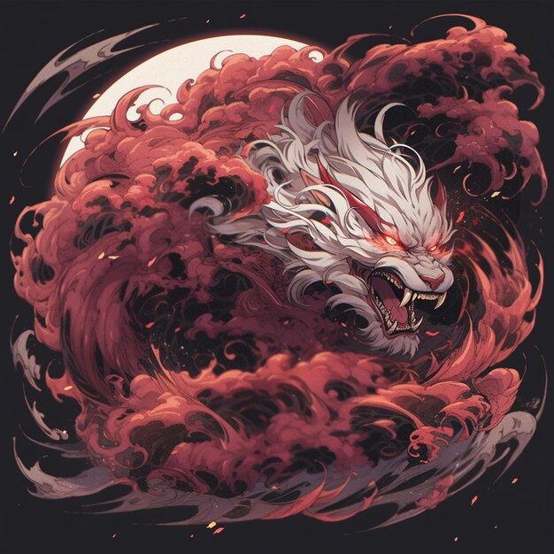 Ilustración de estilo anime de un dragón blanco con ojos rojos en una nube roja giratoria.