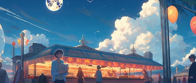 Ilustración de estilo anime de un hombre y una mujer de pie frente a un puesto de comida
