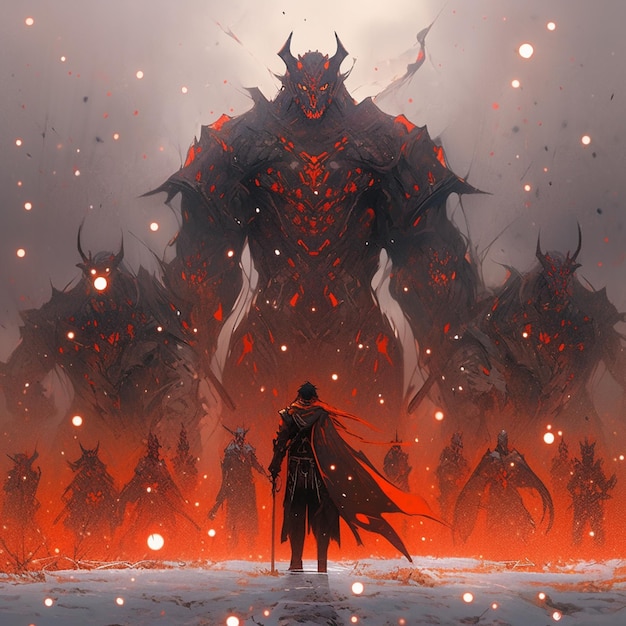 Ilustración de estilo anime de un hombre de pie frente a un grupo de criaturas demoníacas generativa ai