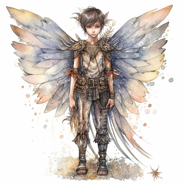 Ilustración de estilo anime de un joven macho con alas y armadura generativa ai