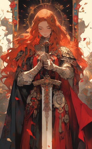 Ilustración de estilo anime de una mujer de cabello rojo sosteniendo una espada.